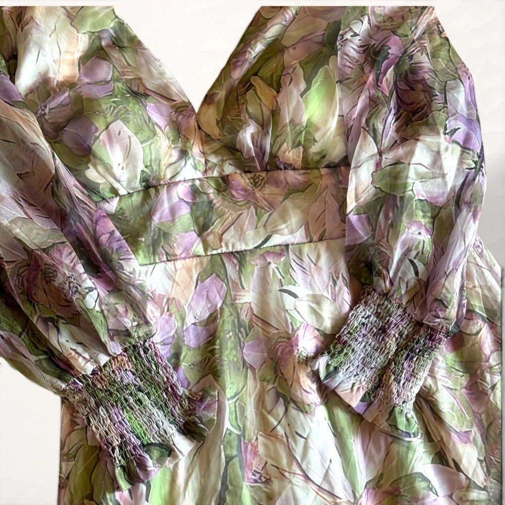 Toleen Maxi Dress Womens XL Ethereal Floral V-Neck Smocked Cuff Fairycore Flowy